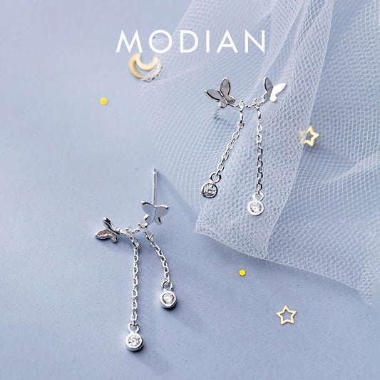 Modian - Pendientes de plata de ley 925 auténtica con forma de mariposa y brillantes para mujer y niña, ideal como regalo de fiesta o boda