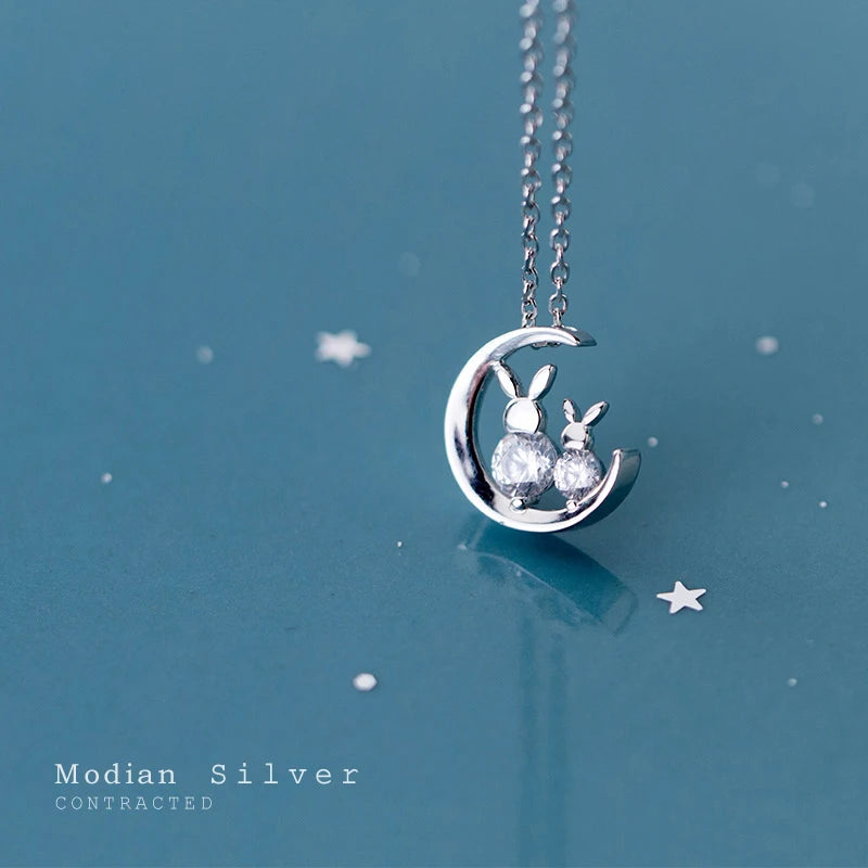 Gargantilla Modian Charm de plata de ley 925 auténtica con forma de luna y conejo para mujer y niña, regalo antialérgico.