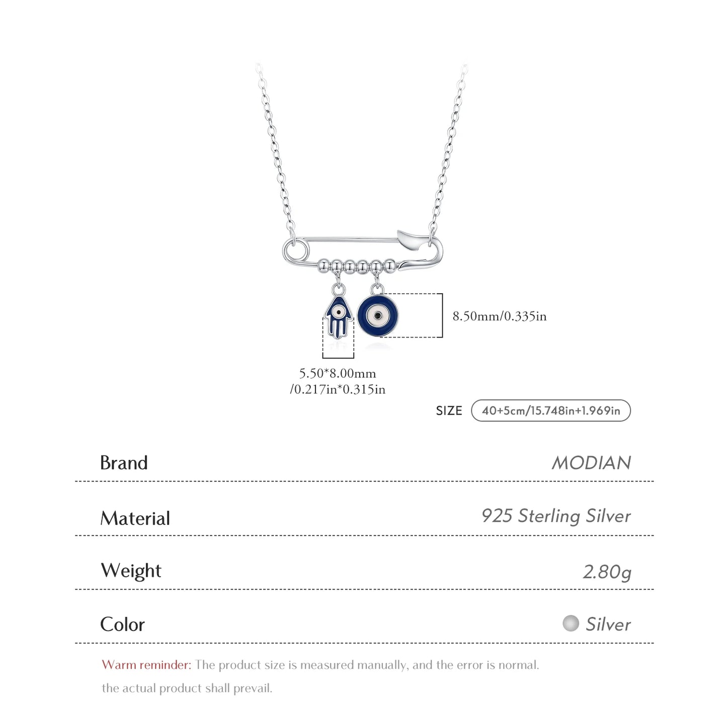 MODIAN 925 Sterling Silver Blue Enamel Eyes & Palm Charms Pendant Necklace Pin Beads Link Chian Necklaces For Women Jewelry Gift