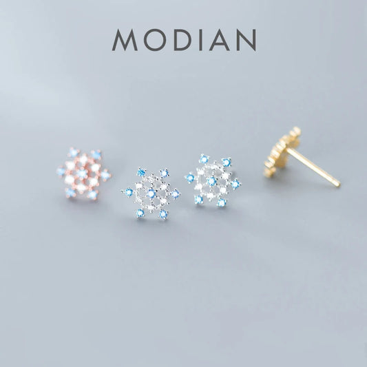 MODIAN - Pendientes de copo de nieve de cristal azul para mujer, plata de ley 925, 3 colores, joyería fina