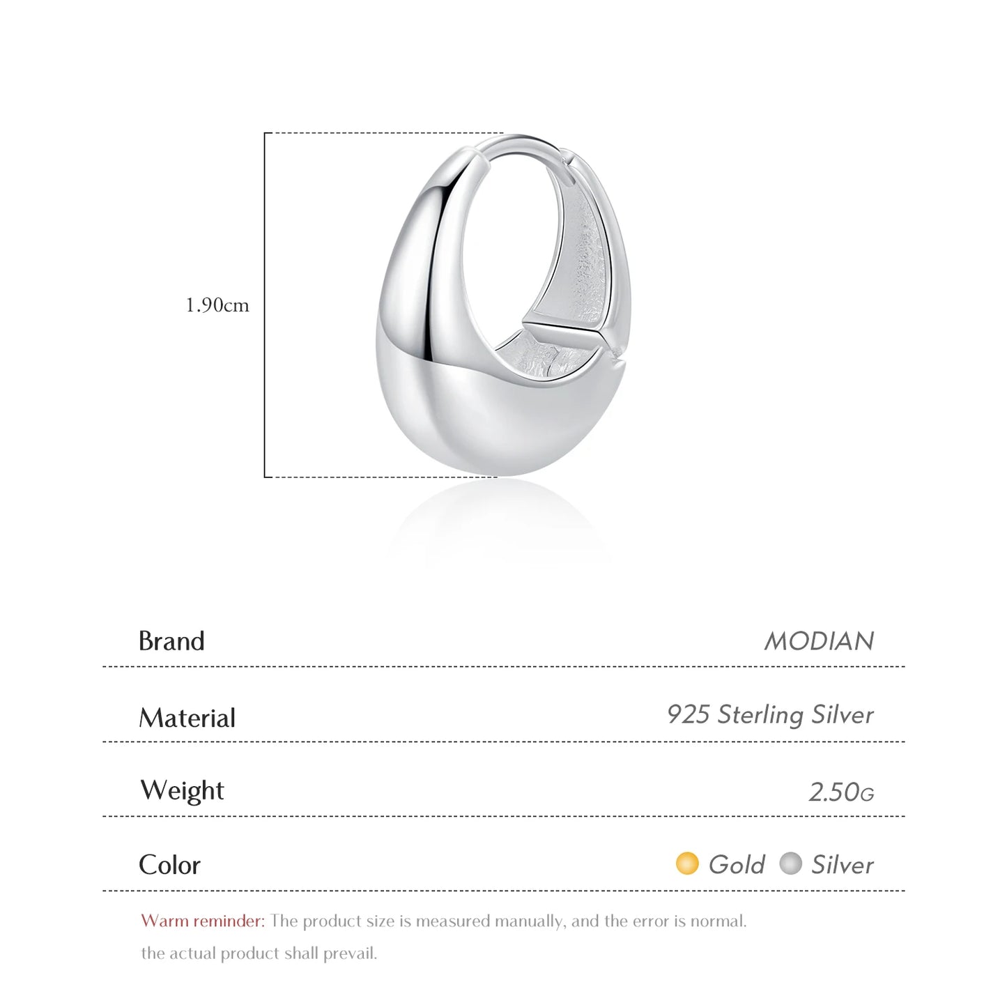 MODIAN 1 pieza de pendientes de aro geométricos lisos y brillantes de plata de ley 925 para mujer, joyería fina para fiestas y vacaciones.