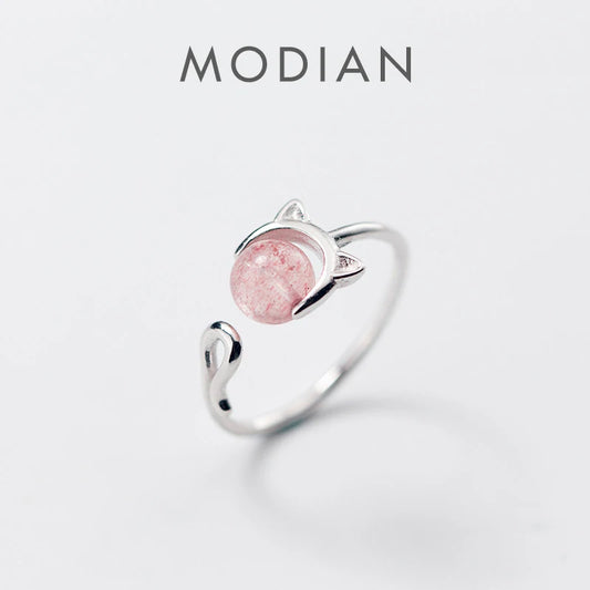 Anillo ajustable abierto con cara de gato de cristal rosa de Modian para mujer, anillo de plata de ley 925, joyería fina