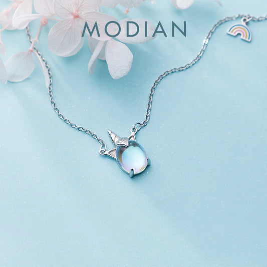 Modian 2021 Autumn Dream Unicorn Sparkling Opal Pendant Fashion Real 925 Sterling Silver Rainbow Necklace For Women Jewelry Gift