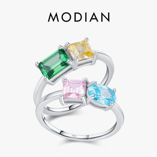 Anillo apilable MODIAN de plata de ley 925 con circonitas de colores y corte esmeralda. Joyería fina y brillante para mujer, regalo de San Valentín.