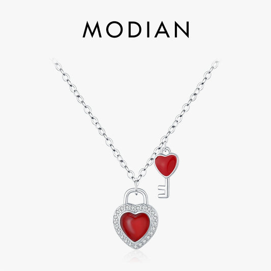 MODIAN Romantic Heart Lock Key Necklace 925 Sterling Silver Red Zirconia Link Chain Pendant Necklace For Women Fine Jewelry