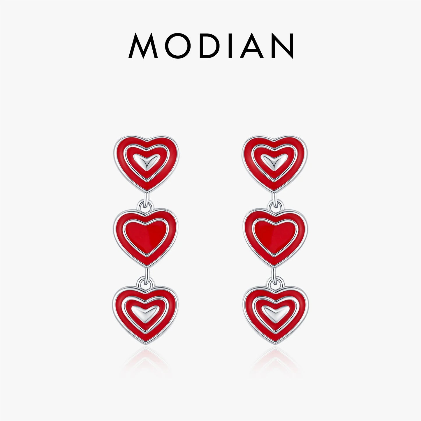 MODIAN 925 Sterling Silver Romantic Exquisite Red Enamel Hearts Stud Earrings For Women Party Fine Jewelry Accessories