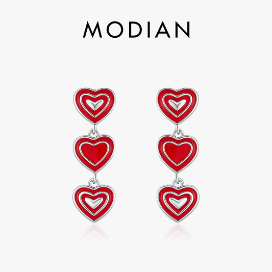 MODIAN 925 Sterling Silver Romantic Exquisite Red Enamel Hearts Stud Earrings For Women Party Fine Jewelry Accessories
