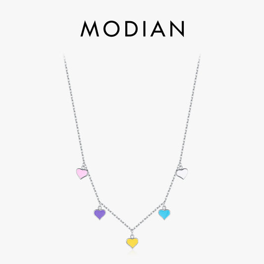 Collar con colgante de corazón esmaltado de colores arcoíris de plata esterlina 925 maciza MODIAN, cadena de eslabones ajustable para mujer, joyería fina