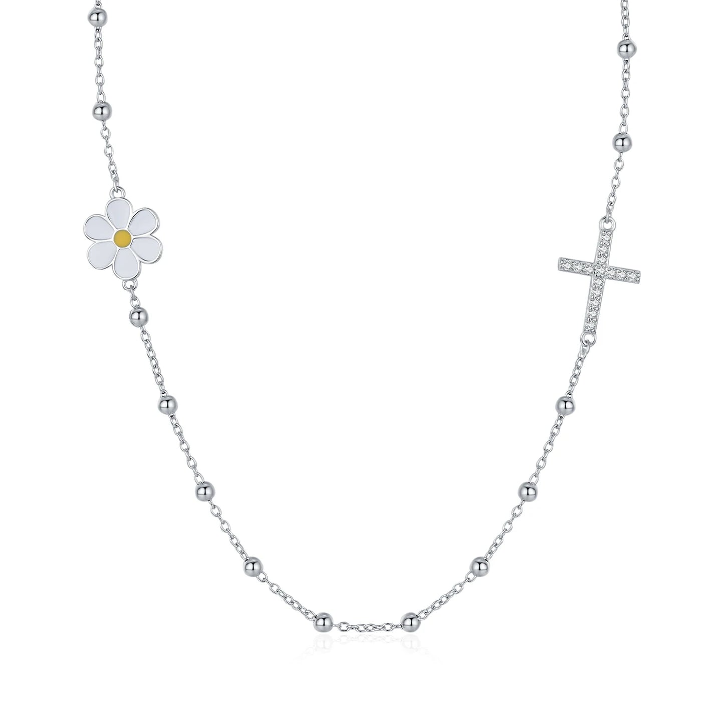 MODIAN 925 Sterling Silver Classic Daisy & Cross Dazzling Choker Pendant Necklace Dainty Beads Link Chain For Women Jewelry