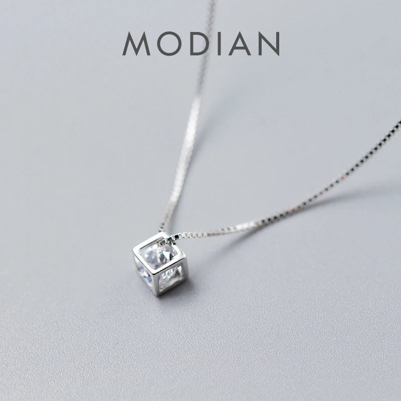 Collar Modian con colgante de circonita cúbica transparente y cuadrada de plata esterlina 925 auténtica para mujer, cadena de diseño, joyería de boda