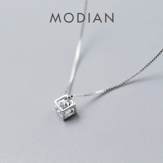 Collar Modian con colgante de circonita cúbica transparente y cuadrada de plata esterlina 925 auténtica para mujer, cadena de diseño, joyería de boda