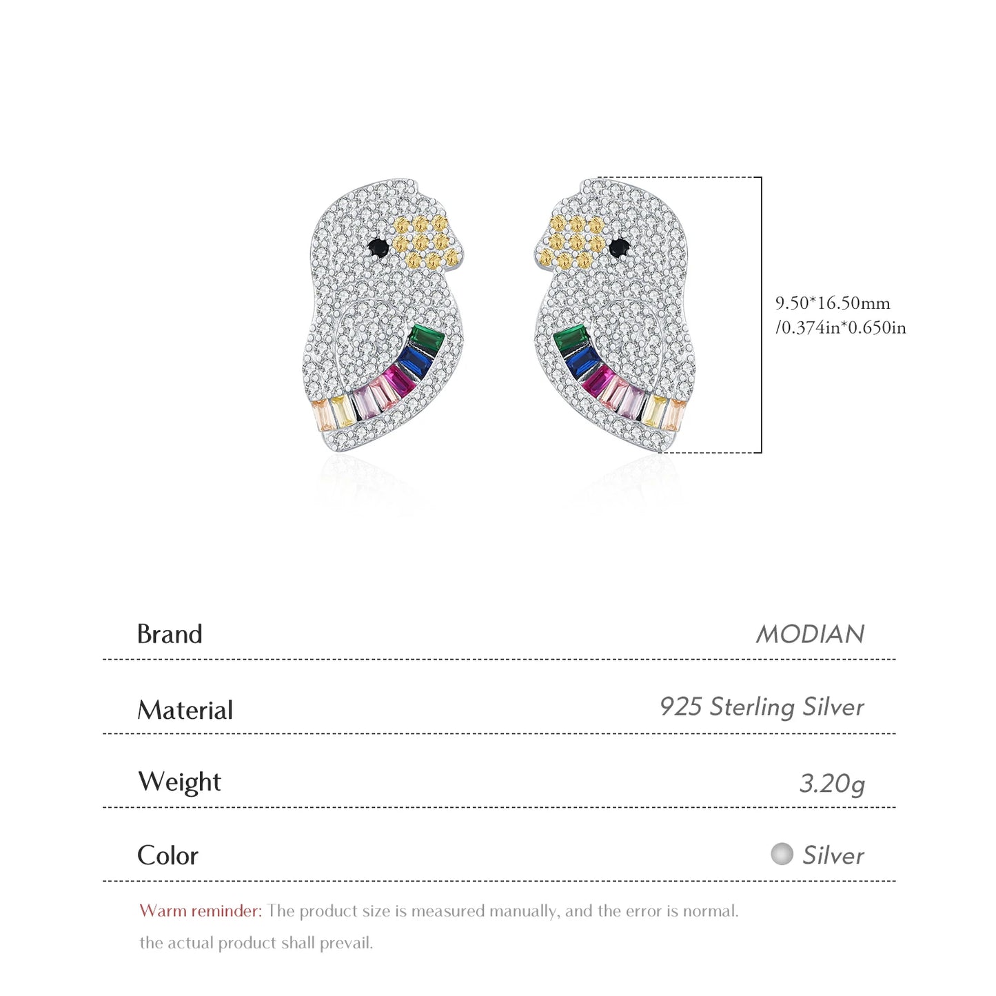MODIAN 925 Sterling Silver Sparkling Luxury Full Zirconia Ear Studs Cute Parrot Big Stud Earrings For Women Fine Jewelry