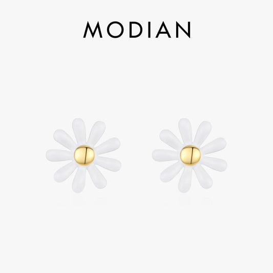 MODIAN 925 Sterling Silver Simple White Enamel Daisy Flowers Stud Earrings Classic Party Charm Silver Jewelry For Women Gifts