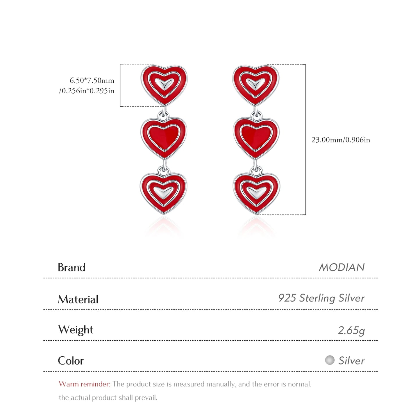 MODIAN 925 Sterling Silver Romantic Exquisite Red Enamel Hearts Stud Earrings For Women Party Fine Jewelry Accessories