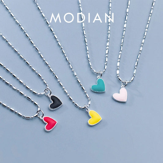 Collar Modian de plata de ley 925 con colgante de corazones esmaltados de colores arcoíris minimalistas, cadena de eslabones moderna para mujer, joyería de boda.