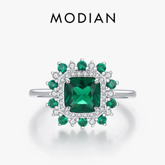 Anillos de dedo MODIAN de plata de ley 925 auténtica, estilo retro, elegante, cuadrado, con circonita verde, para mujer, para fiestas, cócteles, joyería fina