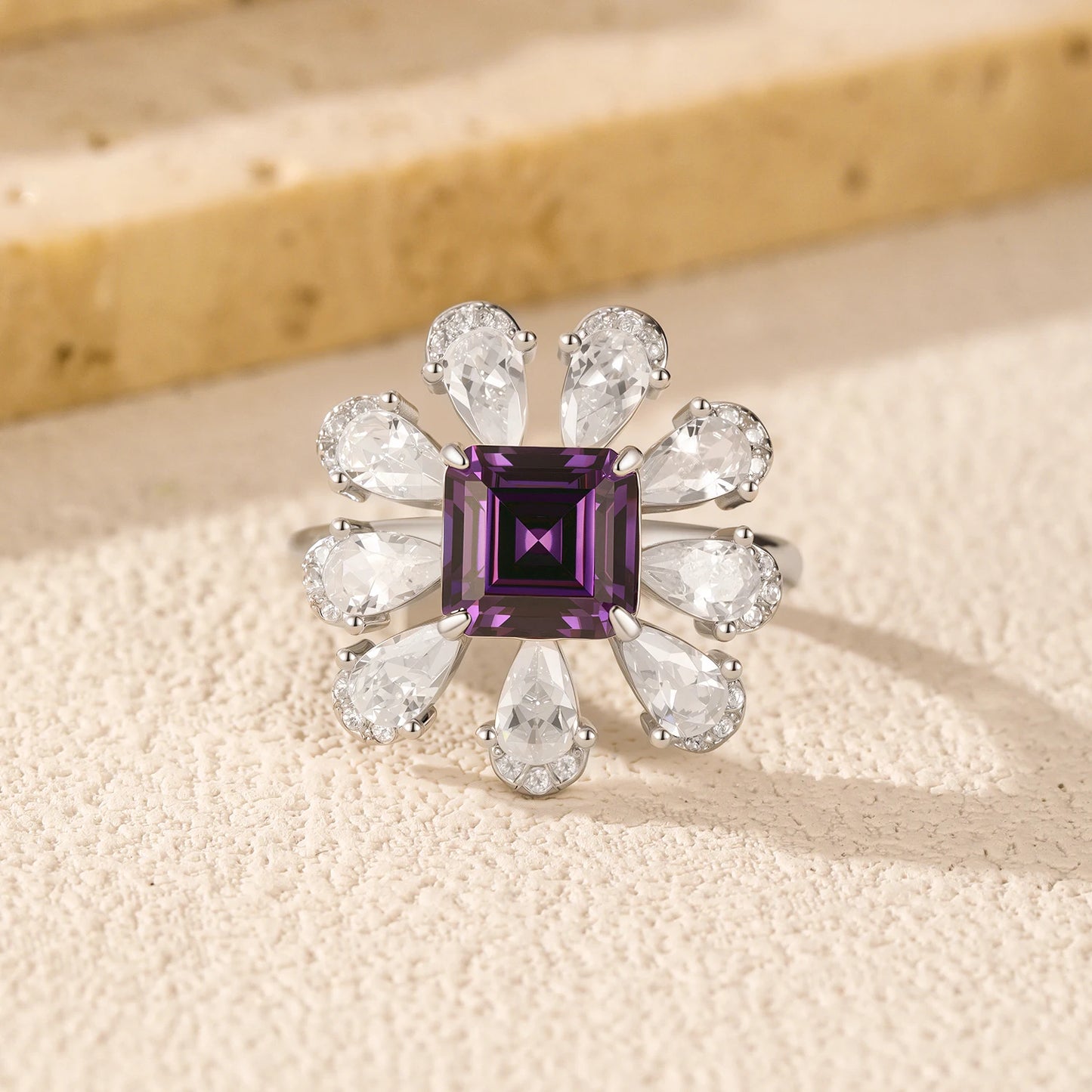 MODIAN 925 Sterling Silver Luxury Ascher Cut Violet Color Flower Zirconia Finger Rings For Women Party Fine Jewelry