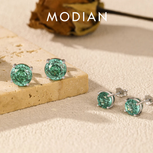 MODIAN Fresh Paraiba Color Round CZ Ear Studs 925 Sterling Silver Delicate Rose Cut Stud Earrings For Women Fine Jewelry