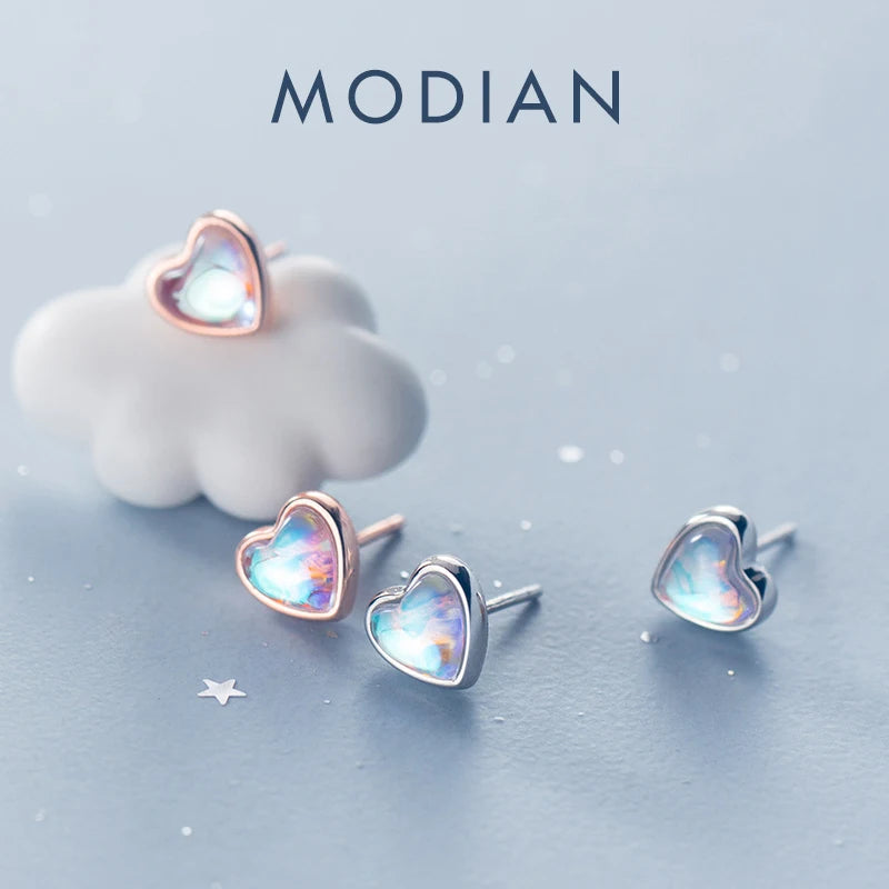 Pendientes Modian con forma de corazón para mujer, de plata de ley 925, con ópalo arcoíris, ideales para bodas, compromisos y otras ocasiones especiales.