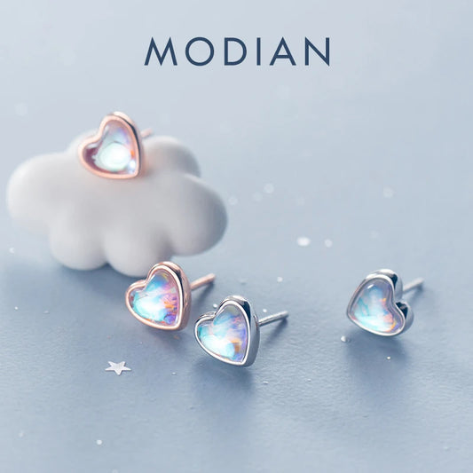 Pendientes Modian con forma de corazón para mujer, de plata de ley 925, con ópalo arcoíris, ideales para bodas, compromisos y otras ocasiones especiales.