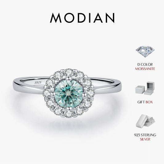 Anillo de moissanita con halo de color verde azulado de MODIAN D, plata de ley 925, elegante y moderno, para mujer, joyería fina para bodas.