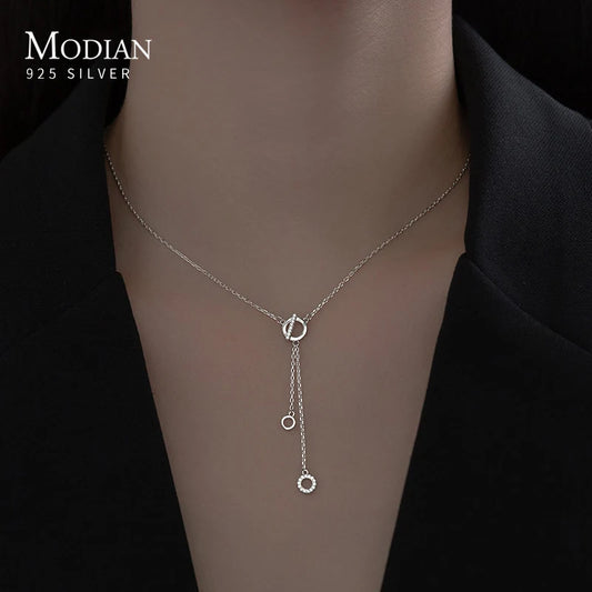 Collar con colgante de cadena de eslabones de circonita transparente redonda de plata esterlina 925 auténtica de Modian, collar de plata de moda para mujer, joyería fina.