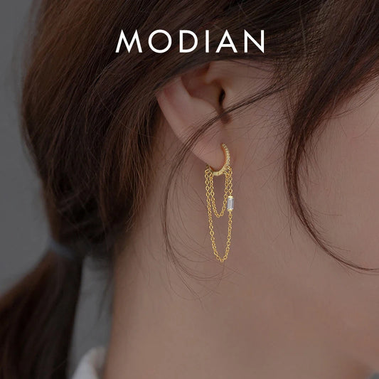Modian 925 Sterling Silver Elegant Tassels Clear CZ Ear Buckle Trendy Gold Color Hoop Earrings For Women Wedding Jewelry Gifts