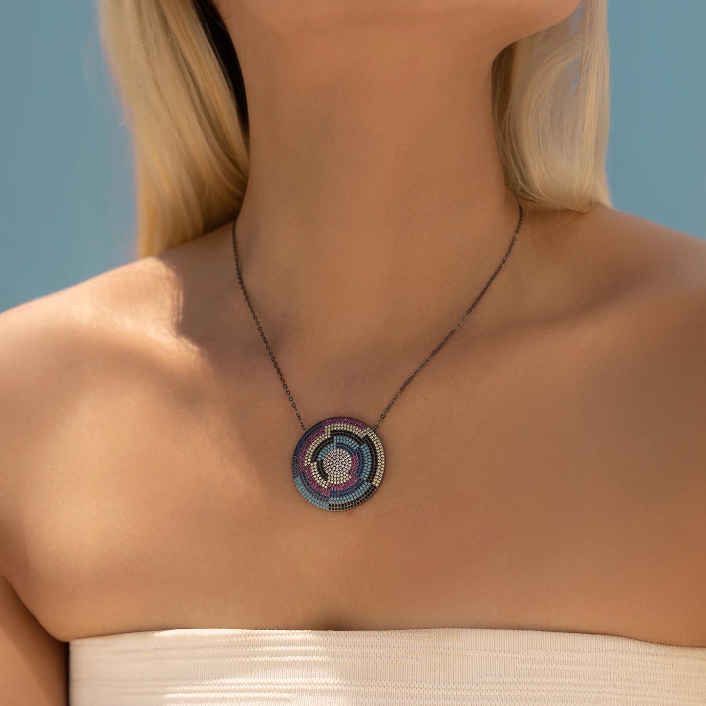 MODIAN 925 Sterling Silver Mosaic Style Colorful Zirconia Big Pendant Necklace Fashion Stackable Jewelry For Women Gifts