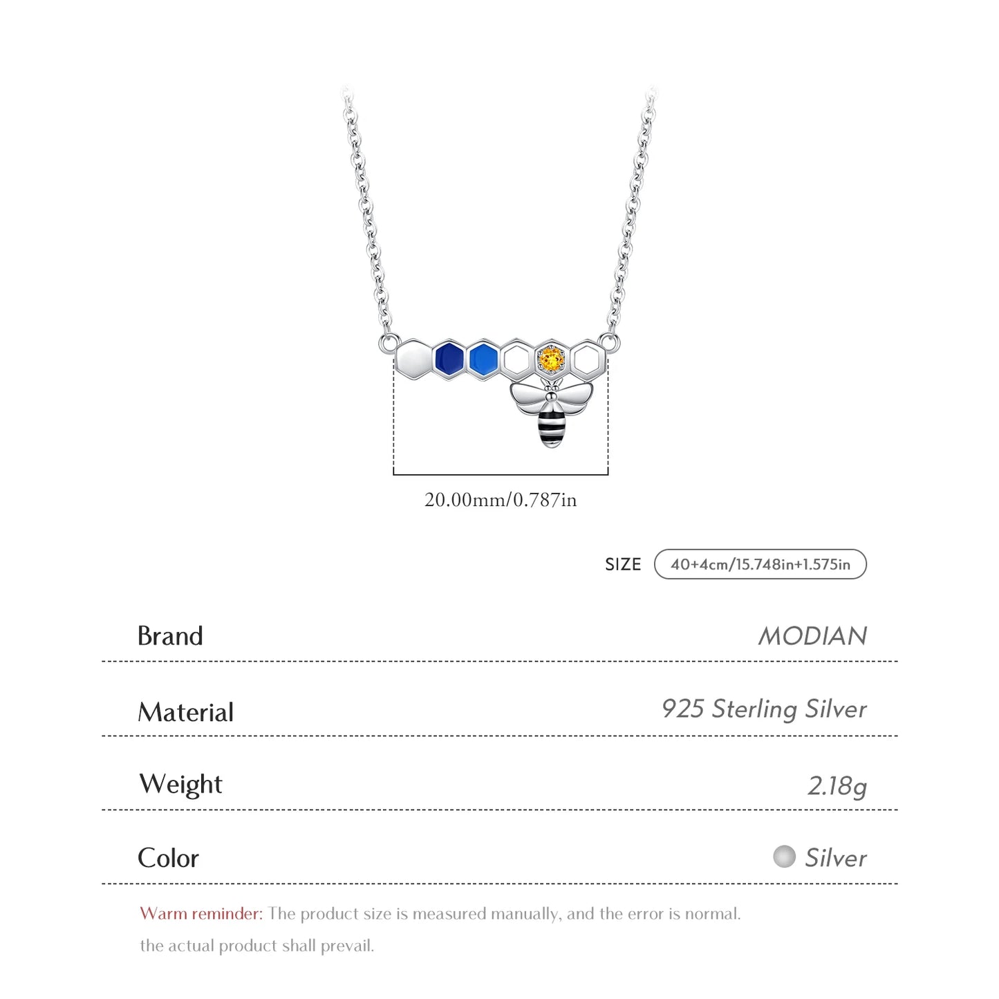 MODIAN 925 Sterling Silver Original Cute Colorful Enamel Honeycomb Bee Pendant Necklace Link Chain CZ Necklace For Women Jewelry