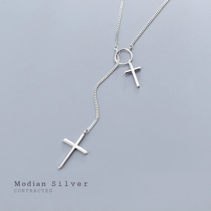 Modian Sterling Sliver 925 Fashion Simple Big Samll Cross Geometric Round Chain Pendant Necklace for Women Fine Jewlry Girl Gift