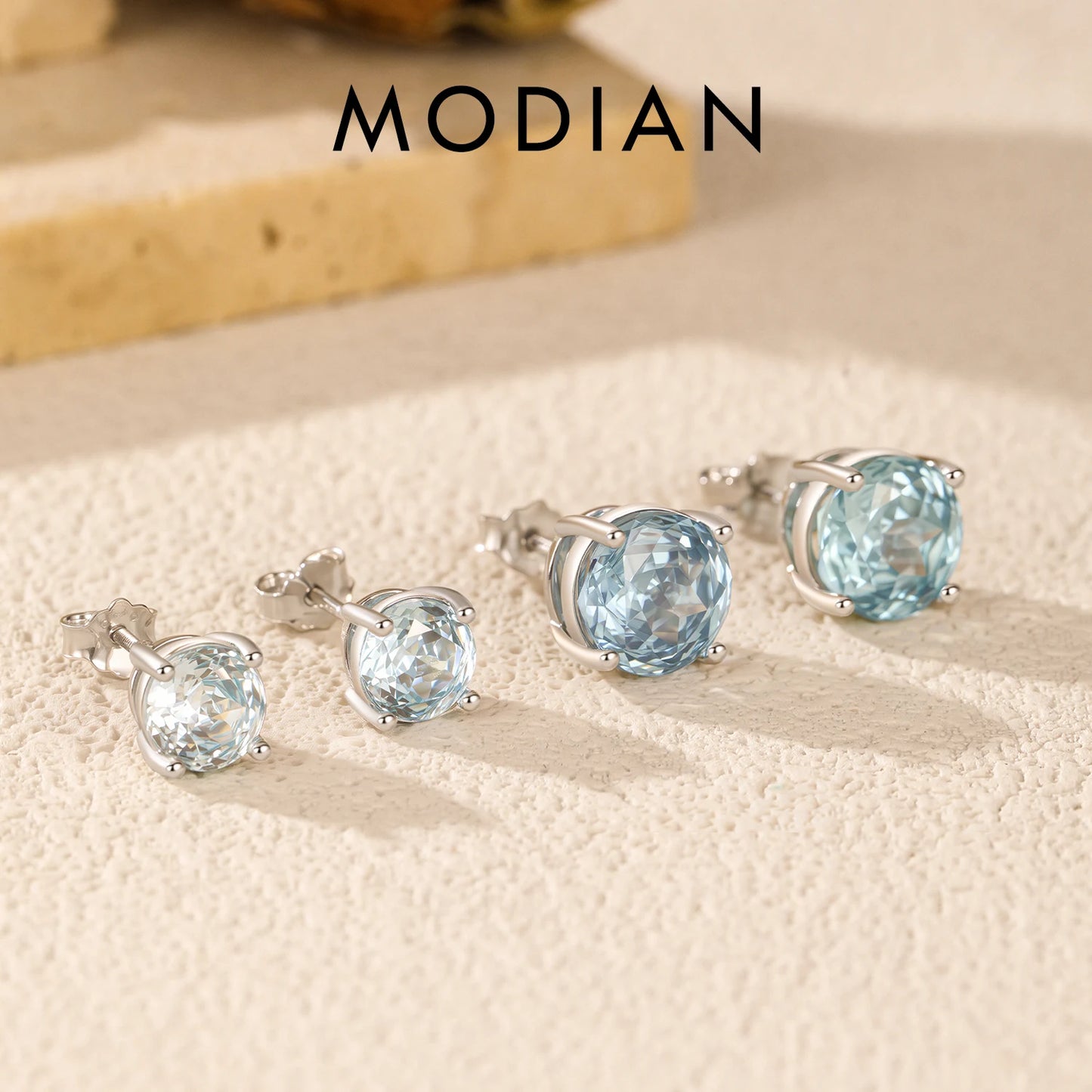 MODIAN 925 Sterling Silver Sparkling Round Light Blue Rose Cut Daisy Stud Earrings For Women Fine Hypoallergenic Jewelry