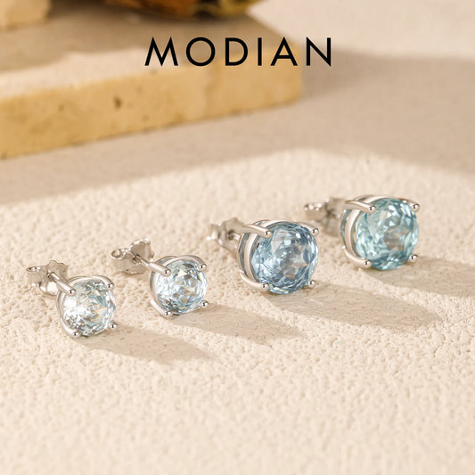 MODIAN 925 Sterling Silver Sparkling Round Light Blue Rose Cut Daisy Stud Earrings For Women Fine Hypoallergenic Jewelry