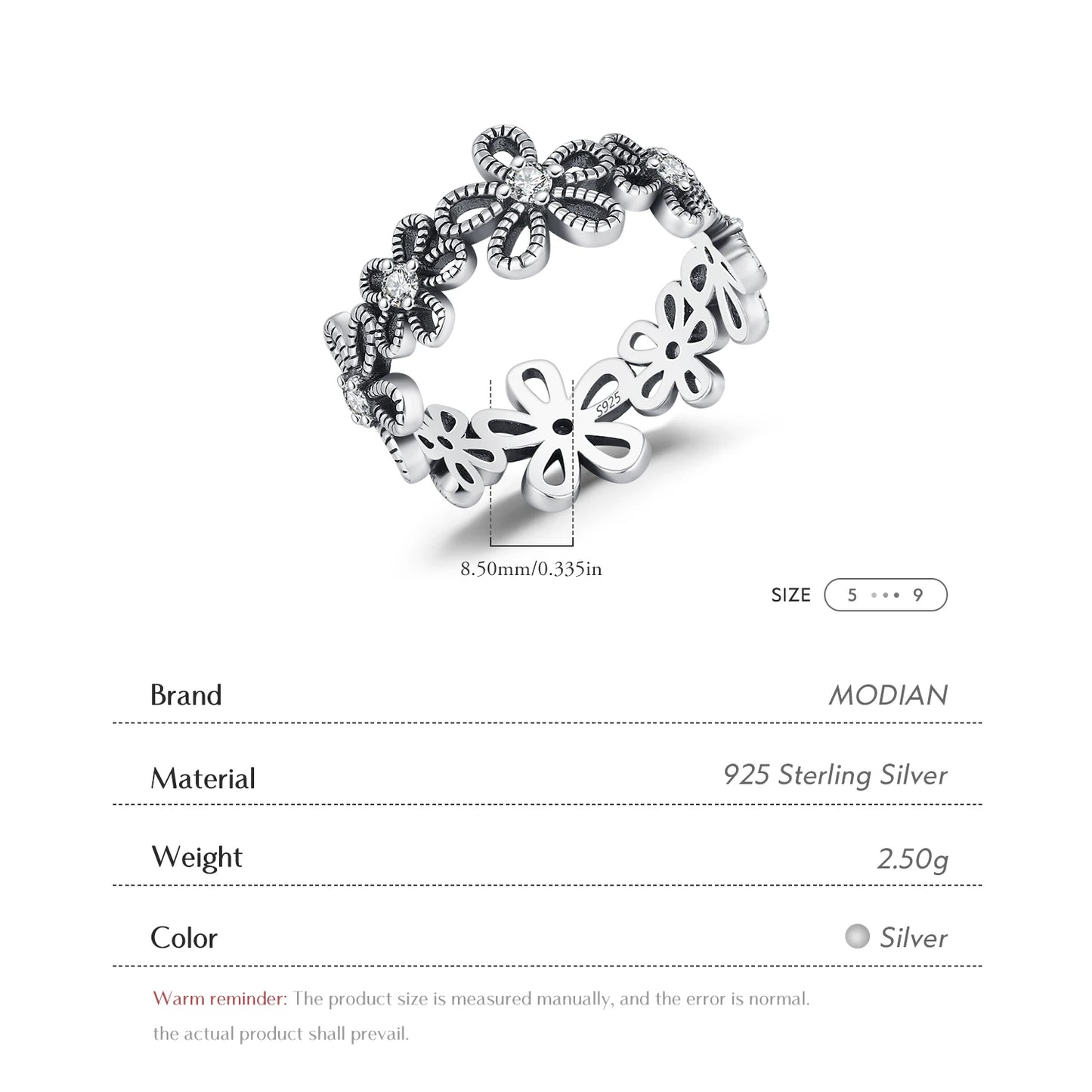 MODIAN 925 Sterling Silver Vintage Hollow Small Flower Sparkling Zirconia Eternity Band Rings For Women Fine Jewelry