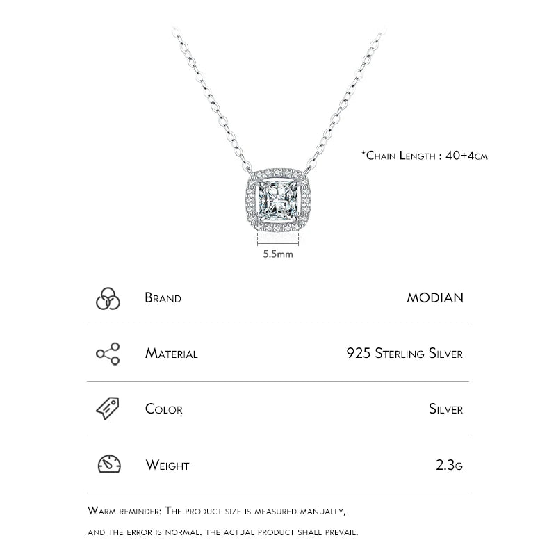 Modian Real 925 Sterling Silver Exquisite Square Shiny Zirconia Pendant Clear CZ Chain Necklace for Women Wedding Fine Jewelry