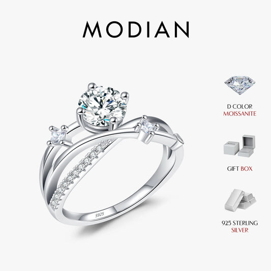 Anillo deslumbrante de moissanita MODIAN de 1 quilates con claridad VVS1 en plata de ley 925 con líneas multicapa para mujer, joyería de boda, regalos.