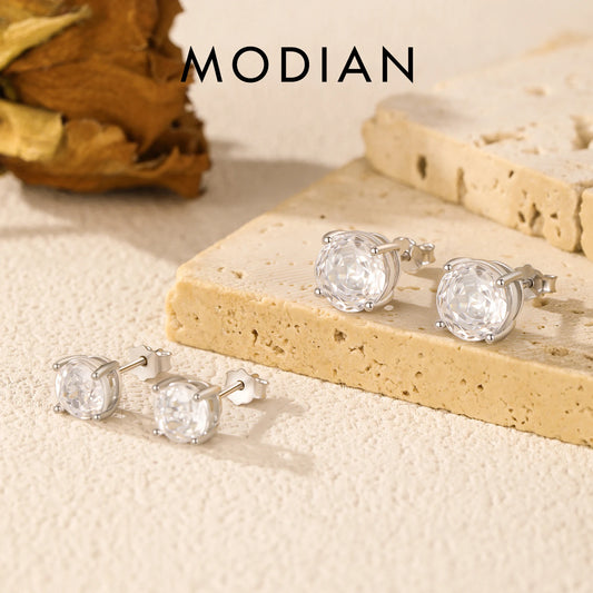 MODIAN 925 Sterling Silver Original Design Round Clear Rose Cut Cubic Zirconia Stud Earrings For Women Fine Jewelry