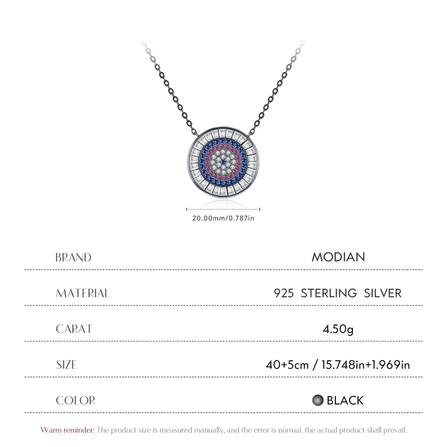 MODIAN 925 Sterling Silver Colorful Round CZ Pendant Necklace Black Color Stackable Link Chain Necklaces For Women Fine Jewelry