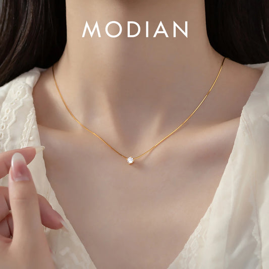 Collar MODIAN de plata de ley 925 con colgante de circonita cúbica transparente y redonda, cadena de serpiente para mujer, regalo de cumpleaños, joyería fina
