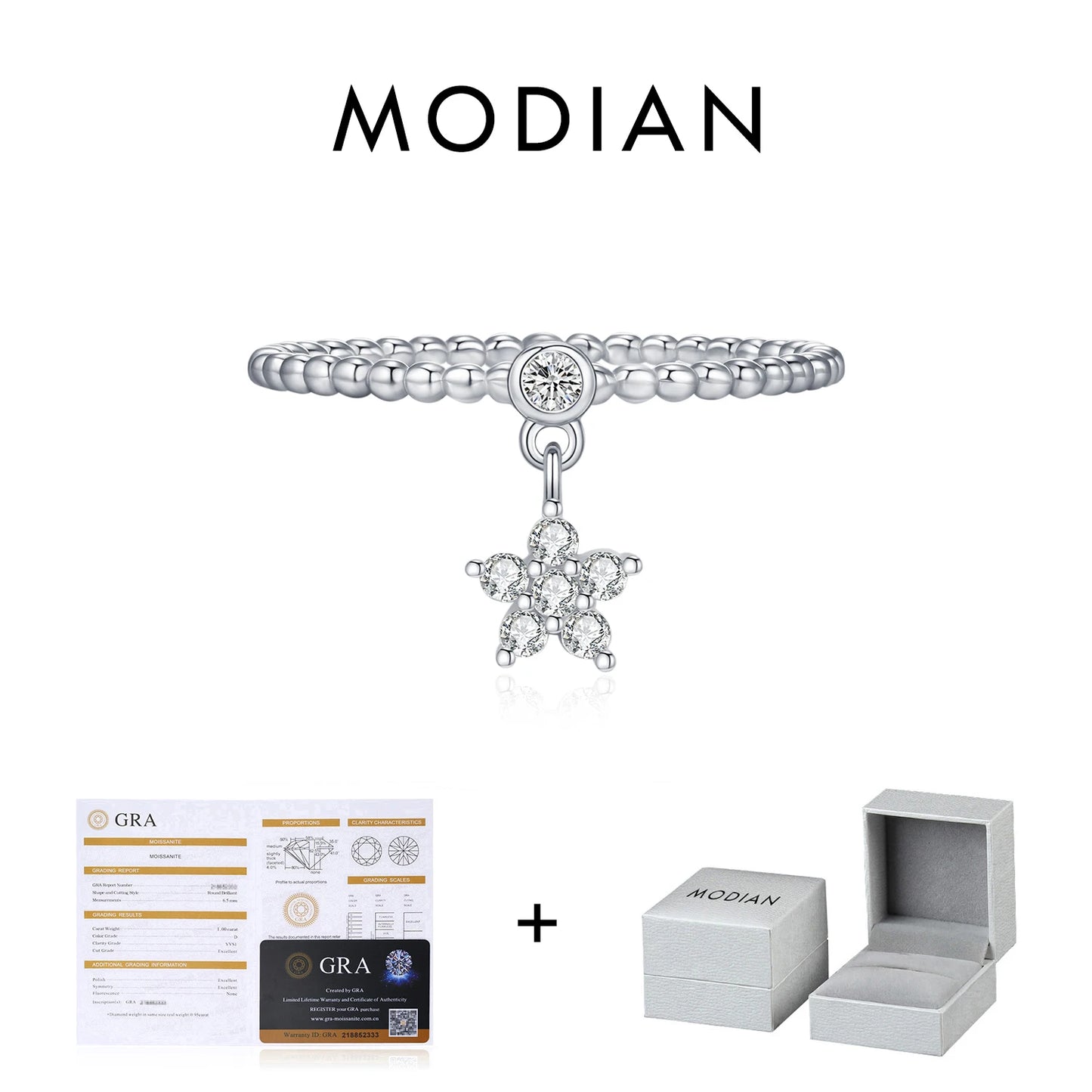 MODIAN D Color Flowers Moissanite Rings 925 Sterling Silver Beads Shiny Stars Swing Pendant Ring For Women Daisy Fine Jewelry