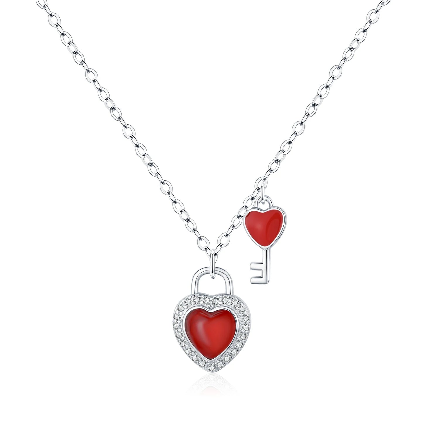MODIAN Romantic Heart Lock Key Necklace 925 Sterling Silver Red Zirconia Link Chain Pendant Necklace For Women Fine Jewelry