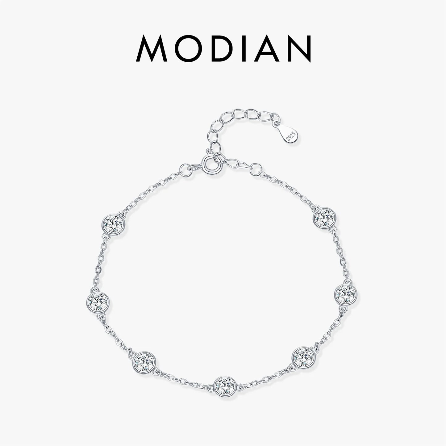 MODIAN 925 Sterling Silver Bezel Round Sparkling Clear Cubic Zirconia Stackable Charm Fashion Bracelet For Women Fine Jewelry