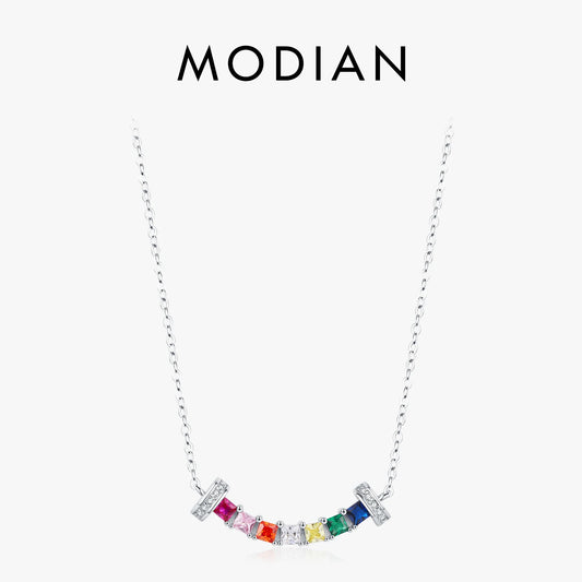 Collar con colgante de circonitas coloridas de arcoíris con forma de sonrisa cuadrada de plata de ley 925 de MODIAN, cadena de cuello de moda para mujer, joyería fina