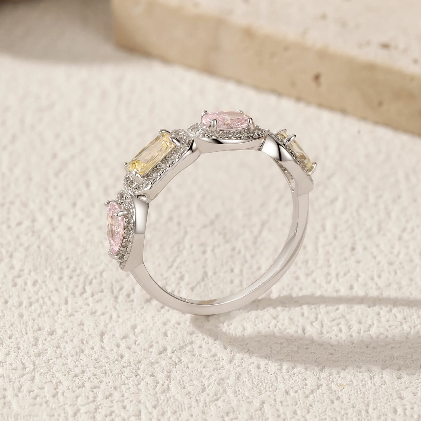MODIAN 925 Sterling Silver Luxury Rectangle Pink & Yellow Ring Exquisite Sugar Cube Eternity Band Rings For Women Fine Jewelry