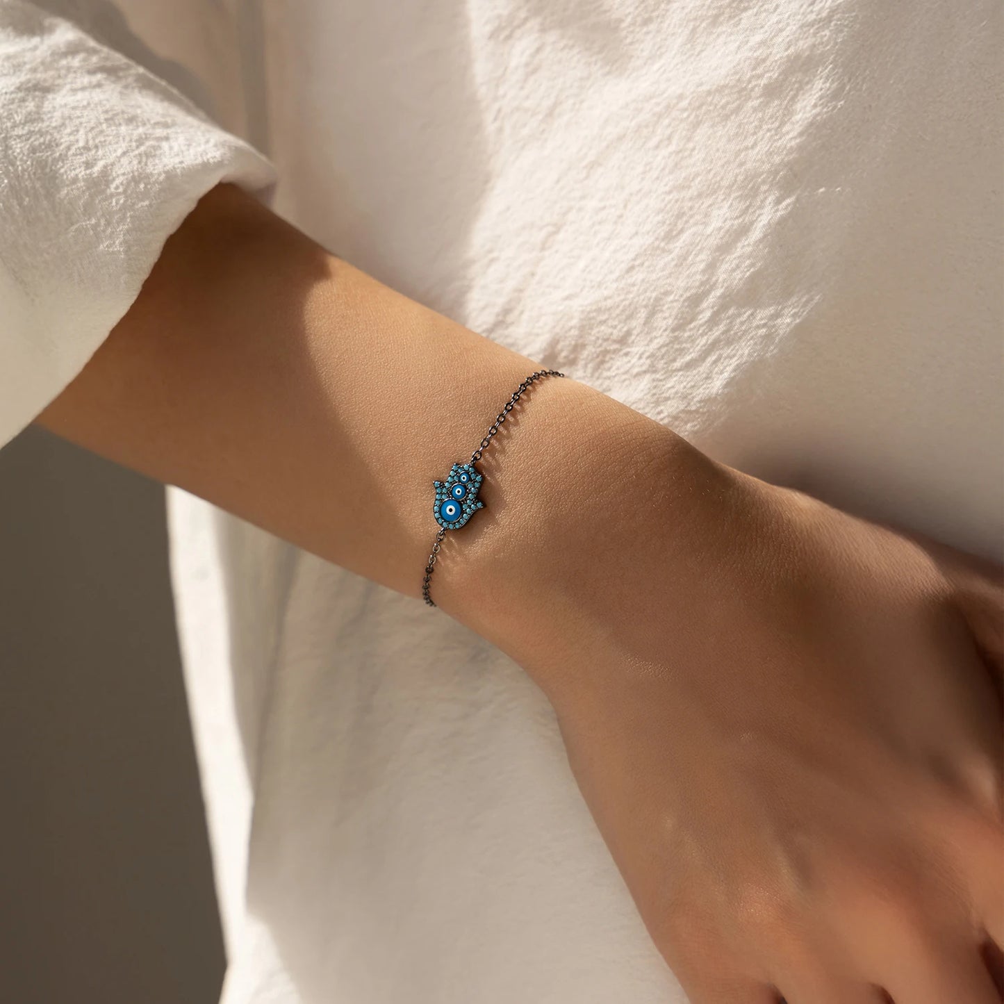 MODIAN 925 Sterling Silver Blue Enamel Synthetic Turquoise Link Chain Bracelet Black Ghost Eyes Palm Bracelets For Women Jewelry