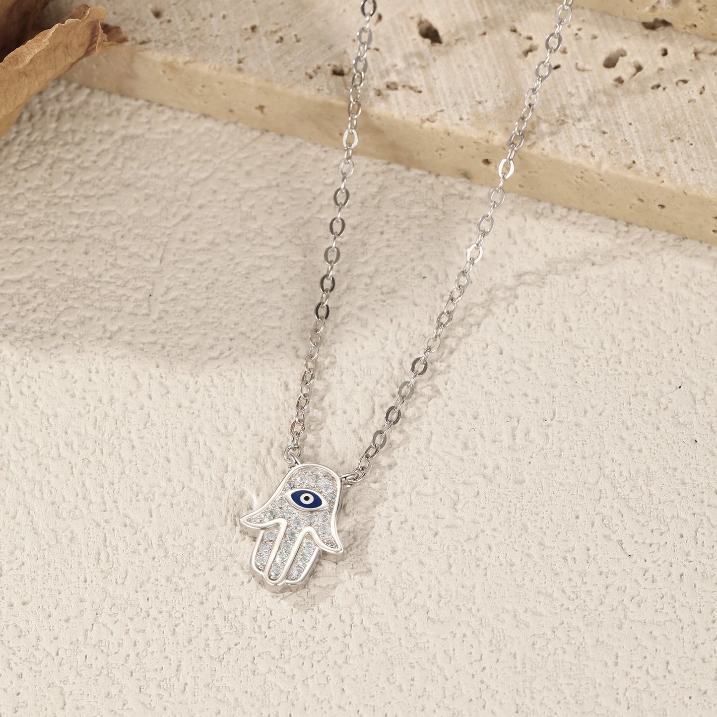 MODIAN 925 Sterling Silver Classic Full Zirconia Palm Pendant Necklace Charm Blue Enamel Eyes Link Chain For Women Jewelry