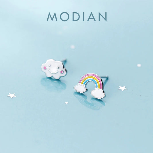 MODIAN - Pendientes asimétricos con diseño de nubes arcoíris y esmalte colorido para mujer, plata de ley 925, joyería fina, regalo para niños