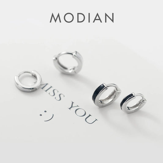 Modian New Black And White Enamel Fashion Hoop Earrings Classic Charm Elegant 925 Sterling Silver Jewelry For Women Girl Gift